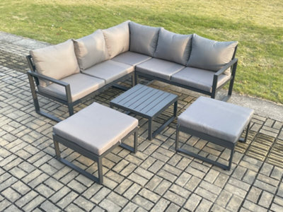Fimous Outdoor Garden Furniture Set Aluminium Lounge Sofa Square Coffee Table Sets With 2 Big Footstool Dark Grey