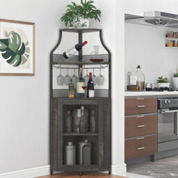 Corner Bar Cabinet With Wine Rack & Glass Holder,4 Tier Bar Unit With Mesh Door - thumbnail 1