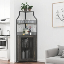 Corner Bar Cabinet With Wine Rack & Glass Holder,4 Tier Bar Unit With Mesh Door - thumbnail 3