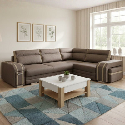 Avatar Corner Sofa Bed With Pouffe Cocktail Cabinet Foam Cushions Sinuous Springs Wood Frame 300X200Cm Brown And Beige Right - image 1