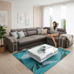 Avatar Corner Sofa Bed With Pouffe Cocktail Cabinet Foam Cushions Sinuous Springs Wood Frame 300X200Cm Brown And Beige Right - thumbnail 2