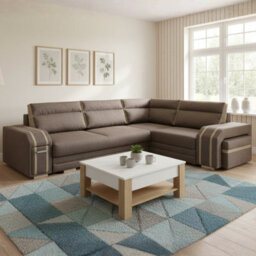 Avatar Corner Sofa Bed With Pouffe Cocktail Cabinet Foam Cushions Sinuous Springs Wood Frame 300X200Cm Brown And Beige Right - thumbnail 1