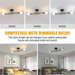 Pheashine Black And Gold 2-Light Ceiling Lamp, E27 Vintage Adjustable Flush Mount - thumbnail 5