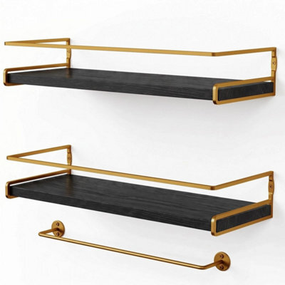 Black And Gold Set Of 2 Floating Shelf W/ Towel Rail Kitchen Bedroom Organiser Bathroom Shelf - image 1
