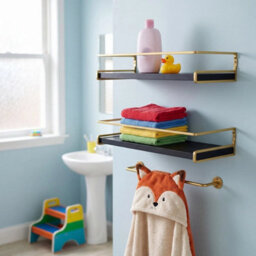 Black And Gold Set Of 2 Floating Shelf W/ Towel Rail Kitchen Bedroom Organiser Bathroom Shelf - thumbnail 3