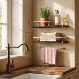 Black And Gold Set Of 2 Floating Shelf W/ Towel Rail Kitchen Bedroom Organiser Bathroom Shelf - thumbnail 4