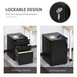 Vinsetto 3 Drawer Metal Filing Cabinet Lockable 5 Wheels Under Desk Black - thumbnail 4