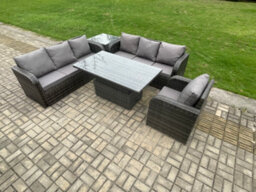 Fimous Outdoor Rattan Garden Furniture Sets Height Adjustable Rising Lifting Dining Table Sofa Set With Reclining Chair Side Table - thumbnail 2