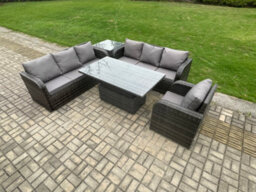 Fimous Outdoor Rattan Garden Furniture Sets Height Adjustable Rising Lifting Dining Table Sofa Set With Reclining Chair Side Table - thumbnail 1