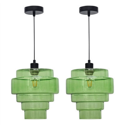 First Choice Lighting Set Of 2 Benson - 5 Tier Green Glass & Black Ceiling Pendant Lights - image 1