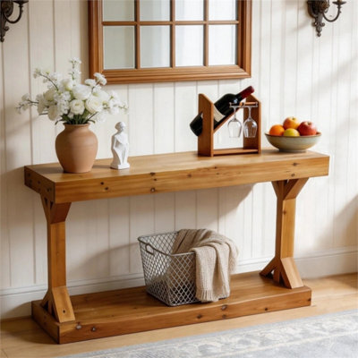 Rustic Brown-Solid 2-Tier Console Table Rustic Sideboard Hallway Side Table - image 1