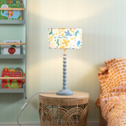 ValueLights Powder Blue Bobbin Stem Table Lamp With Abstract Shapes Drum Shade For Living Room Bedroom - Led Bulb Included