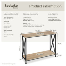 Tectake Console Table Tacoma - With 2 Shelves And Side X-Braces   - Industrial Wood Light, Oak Sonoma - thumbnail 6