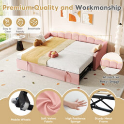 Abrihome 3Ft Pink Velvet Daybed With Rgb Led Lights & Trundle - 90X190Cm Petal Shape Sofa Bed For Bedroom/living Room - thumbnail 7