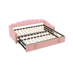 Abrihome 3Ft Pink Velvet Daybed With Rgb Led Lights & Trundle - 90X190Cm Petal Shape Sofa Bed For Bedroom/living Room - thumbnail 8