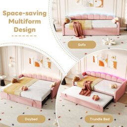 Abrihome 3Ft Pink Velvet Daybed With Rgb Led Lights & Trundle - 90X190Cm Petal Shape Sofa Bed For Bedroom/living Room - thumbnail 5