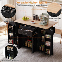 Abrihome 129X46(71)X91Cm Kitchen Island On Wheels, Rolling Trolley With Storage Cabinets And 2 Drawers, For The Dining Room,  Black+Natural - thumbnail 2