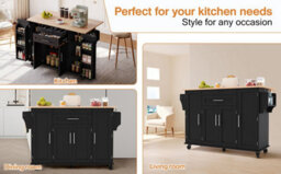 Abrihome 129X46(71)X91Cm Kitchen Island On Wheels, Rolling Trolley With Storage Cabinets And 2 Drawers, For The Dining Room,  Black+Natural - thumbnail 5