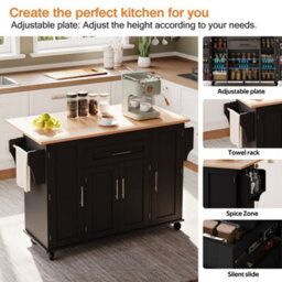Abrihome 129X46(71)X91Cm Kitchen Island On Wheels, Rolling Trolley With Storage Cabinets And 2 Drawers, For The Dining Room,  Black+Natural - thumbnail 7