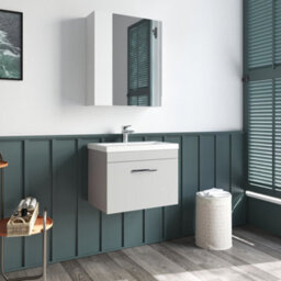 Balterley Rio 1 Drawer Wall Hung Vanity Basin Unit - 600mm - Gloss Grey Mist With Brushed Brass D Handle (Tap Not Included) - thumbnail 4