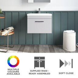 Balterley Rio 1 Drawer Wall Hung Vanity Basin Unit - 600mm - Gloss Grey Mist With Brushed Brass D Handle (Tap Not Included) - thumbnail 6