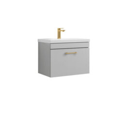 Balterley Rio 1 Drawer Wall Hung Vanity Basin Unit - 600mm - Gloss Grey Mist With Brushed Brass D Handle (Tap Not Included) - thumbnail 1