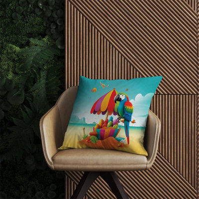 Warren Reed Designer Parrot On A Beach Holiday Outdoor Cushion 60Cm X 60Cm