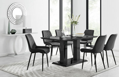 Furniturebox Imperia Black High Gloss 6 Seater Dining Table With Structural 2 Plinth Column Legs 6 Black Velvet Black Leg Pesaro Chairs - image 1