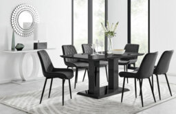 Furniturebox Imperia Black High Gloss 6 Seater Dining Table With Structural 2 Plinth Column Legs 6 Black Velvet Black Leg Pesaro Chairs