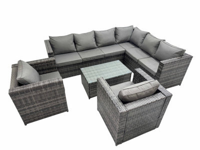 Fimous Patio Sofa Oblong Coffee Table Set Rattan Garden Furniture Set With 2 Chairs Dark Grey Mixed - image 1