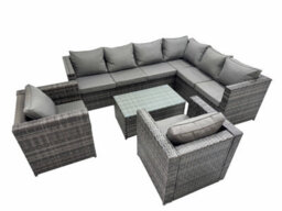 Fimous Patio Sofa Oblong Coffee Table Set Rattan Garden Furniture Set With 2 Chairs Dark Grey Mixed - thumbnail 1