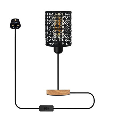 Modern Wooden Stand Bedside Table Lamp With Metal Cage , On Off Switch Black Lamp