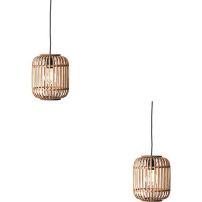 Loops 2 Pack Hanging Ceiling Pendant Light - Natural Bamboo Plywood & Matt Black Paint - 10W Led E27 - image 1