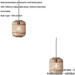 Loops 2 Pack Hanging Ceiling Pendant Light - Natural Bamboo Plywood & Matt Black Paint - 10W Led E27 - thumbnail 2