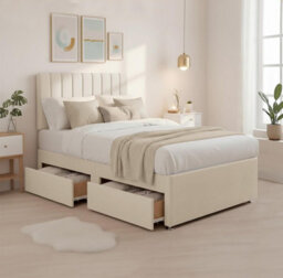 "3Ft Luxury Cream Plush Divan Single Bed Frame With Mattress, 20"" Vertical Line Headboard, Bed With 2 Storage Drawers" - thumbnail 1