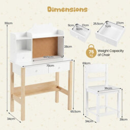 Gainoom Kids White Desk And Chair Set Wooden Children Study Table Student Writing Desk For Kids 3+ - thumbnail 2