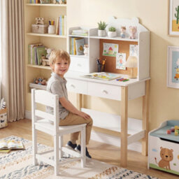 Gainoom Kids White Desk And Chair Set Wooden Children Study Table Student Writing Desk For Kids 3+ - thumbnail 1