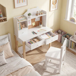 Gainoom Kids White Desk And Chair Set Wooden Children Study Table Student Writing Desk For Kids 3+ - thumbnail 4