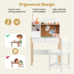 Gainoom Kids White Desk And Chair Set Wooden Children Study Table Student Writing Desk For Kids 3+ - thumbnail 8