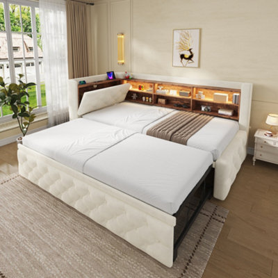 Btm 3Ft Velvet Daybed With Trundle, Storage Armrest, Led Headboard, Usb And Type C Charging, Beige, 90X190Cm - image 1