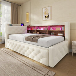 Btm 3Ft Velvet Daybed With Trundle, Storage Armrest, Led Headboard, Usb And Type C Charging, Beige, 90X190Cm - thumbnail 3
