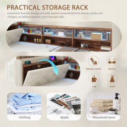 Btm 3Ft Velvet Daybed With Trundle, Storage Armrest, Led Headboard, Usb And Type C Charging, Beige, 90X190Cm - thumbnail 4