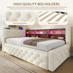 Btm 3Ft Velvet Daybed With Trundle, Storage Armrest, Led Headboard, Usb And Type C Charging, Beige, 90X190Cm - thumbnail 8