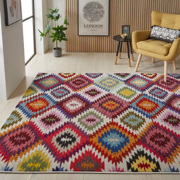 Multi Geometric Modern Chequered  Easy To Clean Rug For Dining Room-200Cm X 290Cm - thumbnail 1