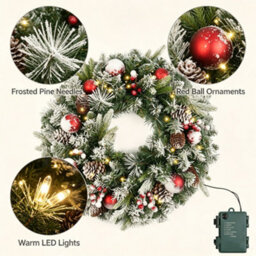 Amorly 15 Inch Pre-Lit Artificial Christmas Wreath, Frosted Wonderland Christmas Wreaths For Front Door, Battery Powered Holiday Decor - thumbnail 2