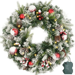 Amorly 15 Inch Pre-Lit Artificial Christmas Wreath, Frosted Wonderland Christmas Wreaths For Front Door, Battery Powered Holiday Decor - thumbnail 4