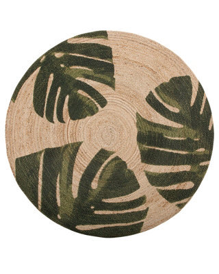 Beliani Incik Round Jute Rug 140 Cm Green Monstera Braided Boho Rustic - image 1