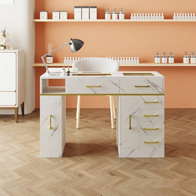 Living And Home White Marble-Texture Manicure Table With Dust Collector, Wrist Cushion And 6 Drawers 115Cm W X 45Cm D X 75Cm H - image 1