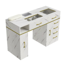 Living And Home White Marble-Texture Manicure Table With Dust Collector, Wrist Cushion And 6 Drawers 115Cm W X 45Cm D X 75Cm H - thumbnail 5