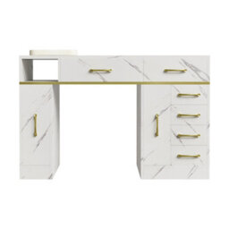 Living And Home White Marble-Texture Manicure Table With Dust Collector, Wrist Cushion And 6 Drawers 115Cm W X 45Cm D X 75Cm H - thumbnail 6